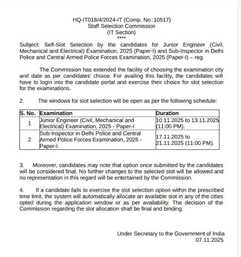 SSC JE Self Slot Selection Booking 2025